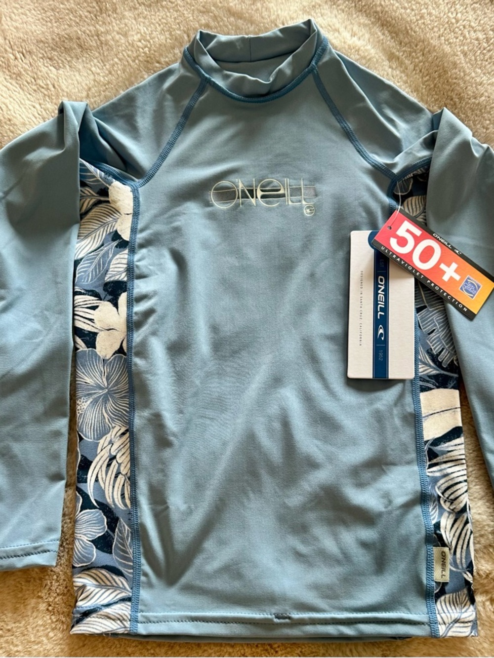 O'Neill Kids Long Sleeve Rash Guard - Dusty Blue with Floral Panels